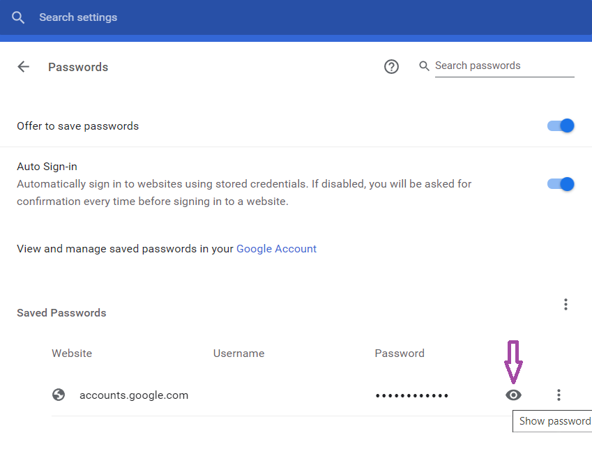 Chrome shows password
